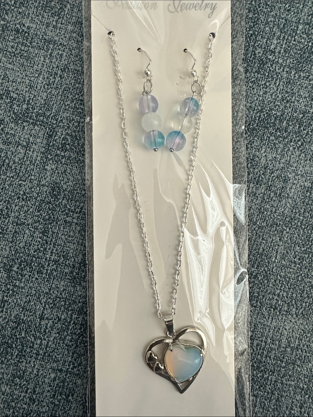 New Silver Heart Pendant Necklace with Opalescent Blue Bead Earrings